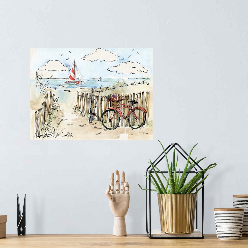 A bohemian room featuring Watercolor painting of a beach scene with a red bicycle and fishing poles in the foreground and a...