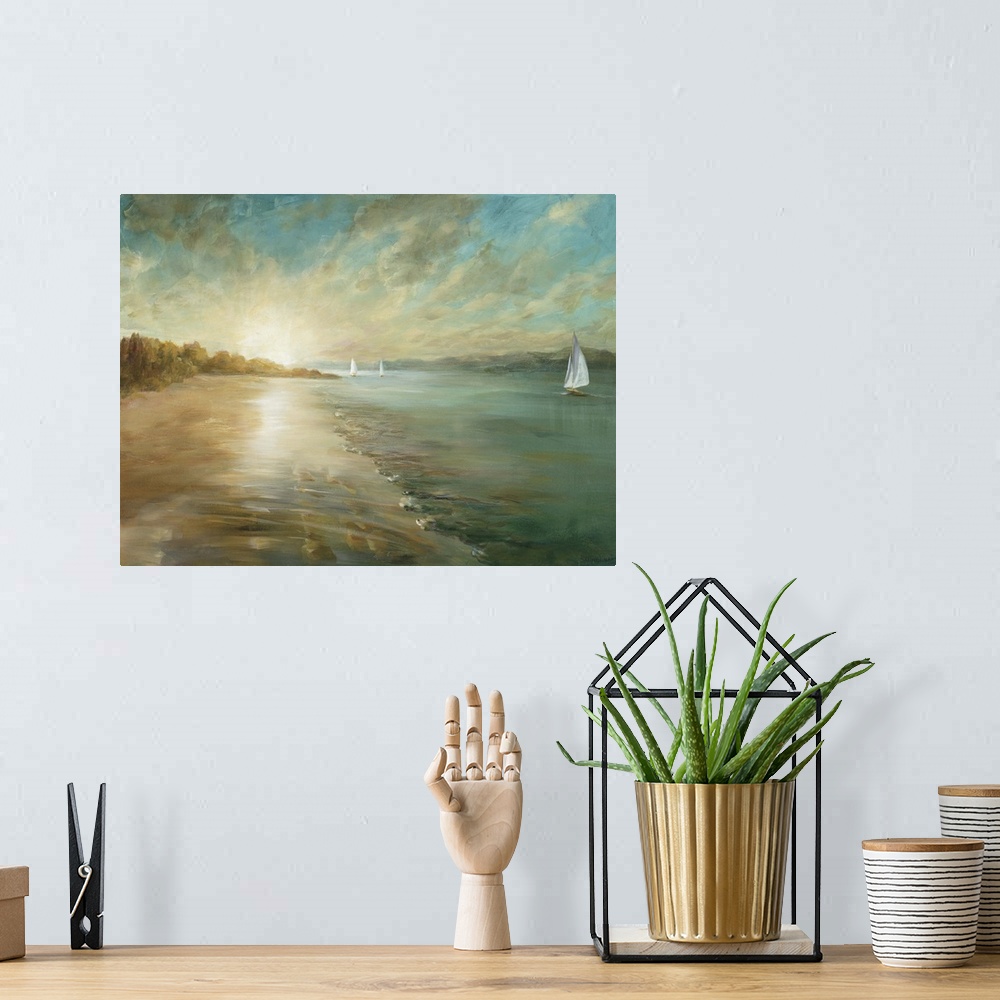 A bohemian room featuring Contemporary artwork of a sandy beach at low tide in morning light.