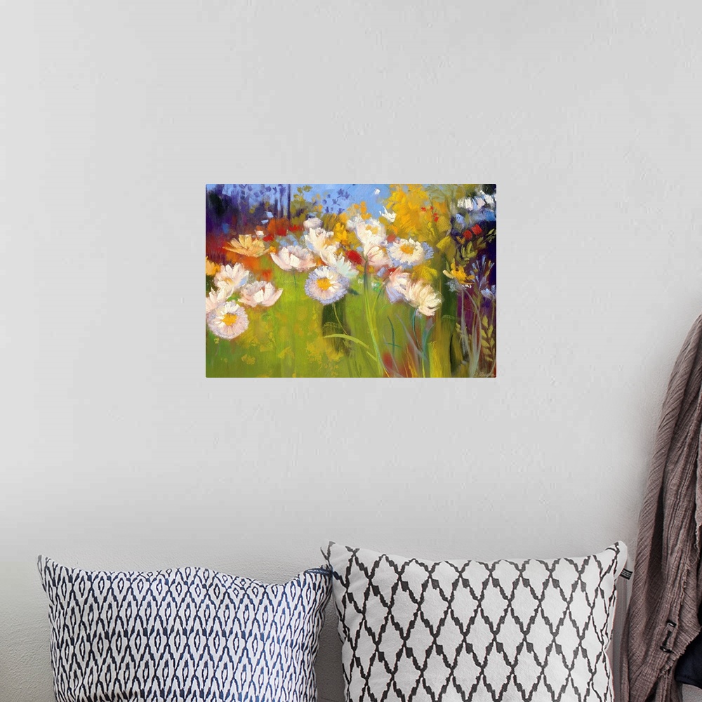 A bohemian room featuring Contemporary painting of daisies in a field sprinkled with tall grass and wheat stalks.
