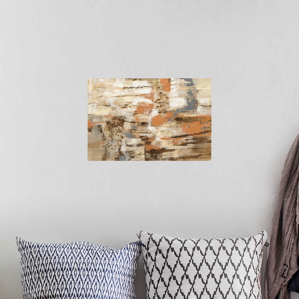 A bohemian room featuring Contemporary artwork featuring horizontal brush strokes in earthy colors with abstract textures t...