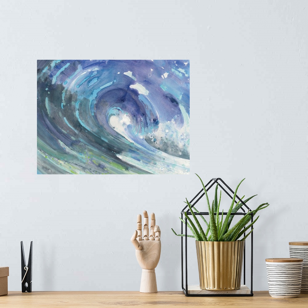 A bohemian room featuring Contemporary painting of the center of a cascading ocean wave.
