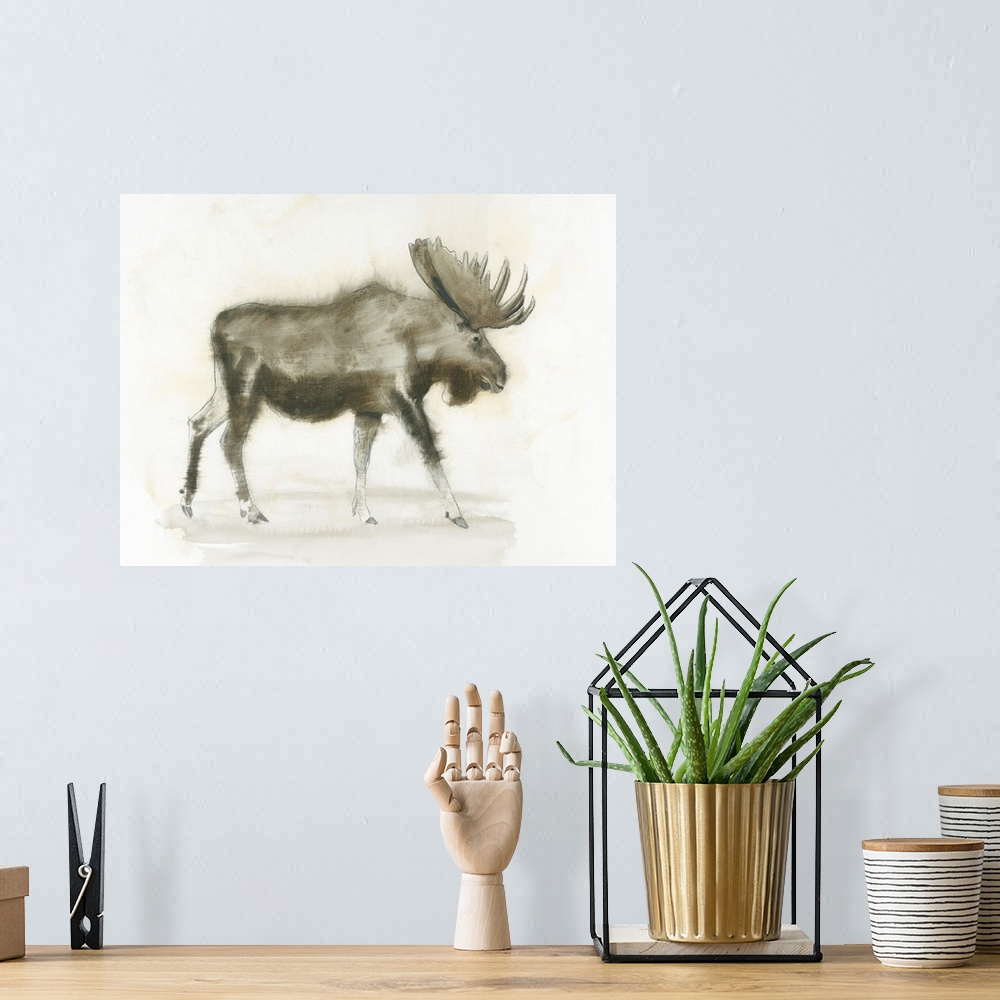 A bohemian room featuring Contemporary artwork of a moose standing against a white background.