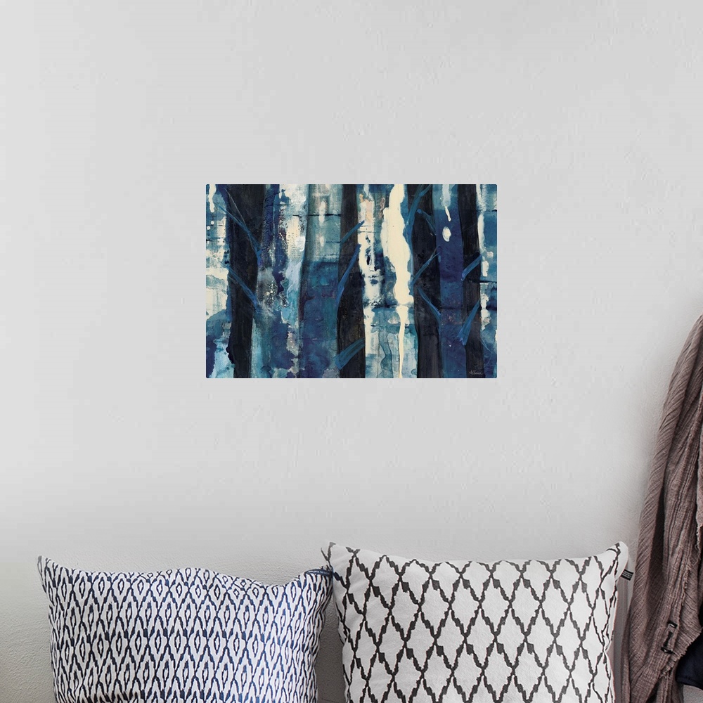 A bohemian room featuring Horizontal abstract painting of textured roughed vertical lines in shades of blue.