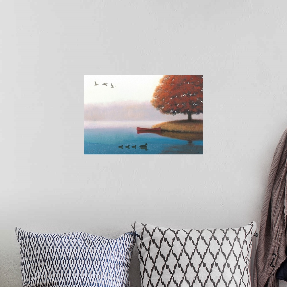 A bohemian room featuring Contemporary painting of a calm lake in the morning with ducks.