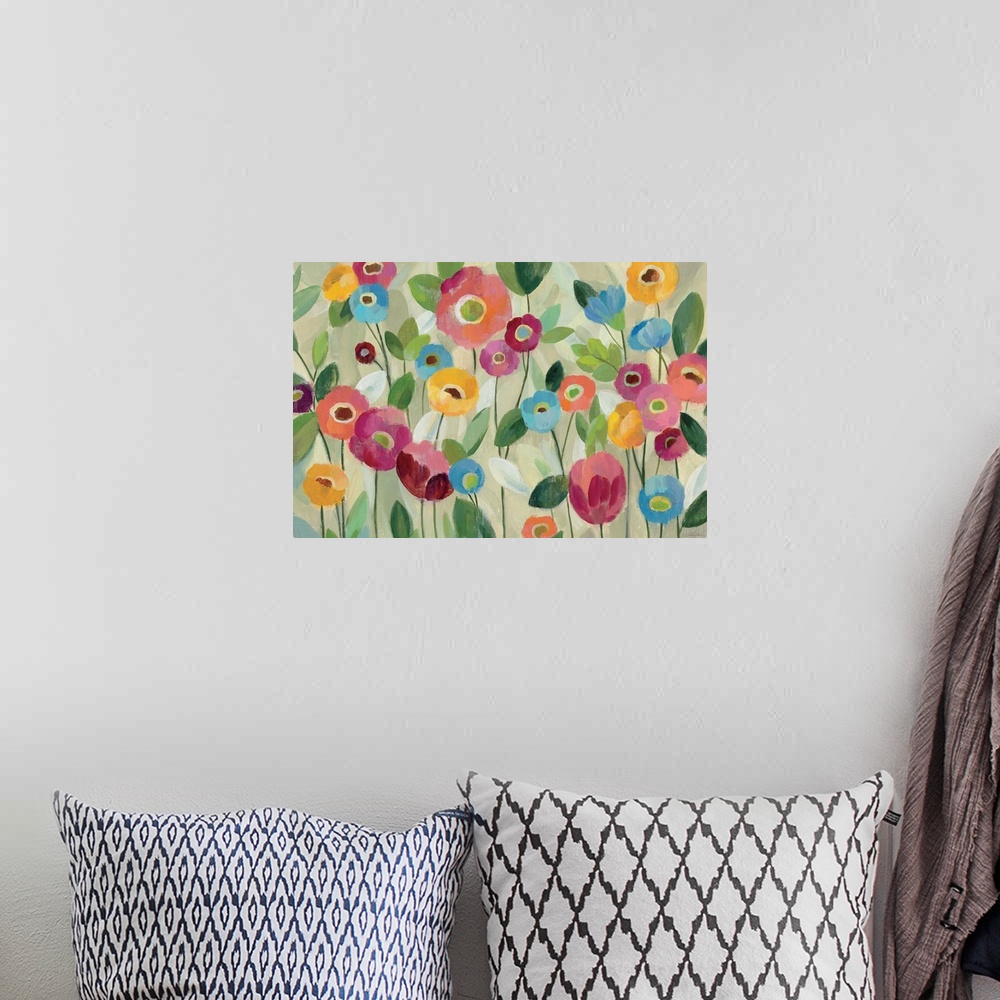 A bohemian room featuring Contemporary painting of brightly colored flowers in a garden.
