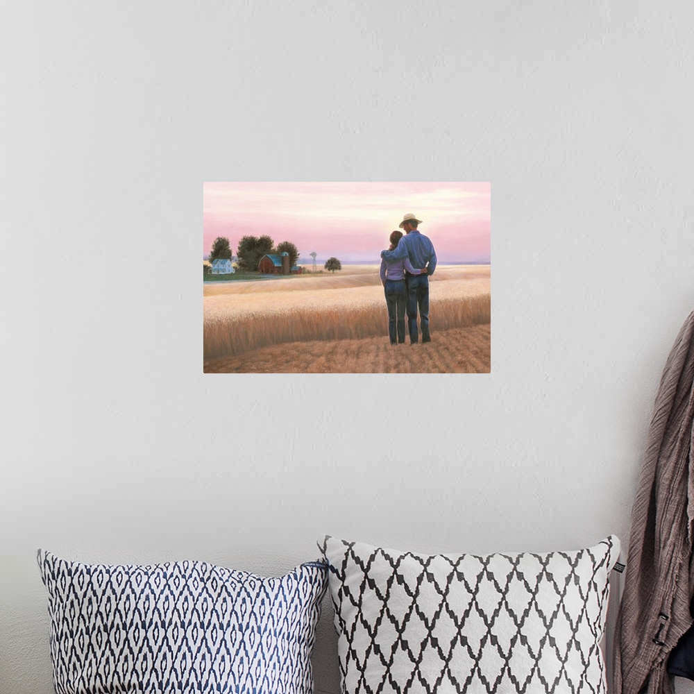 A bohemian room featuring Contemporary painting of a couple standing in a wheat field looking towards the barn  with a pink...