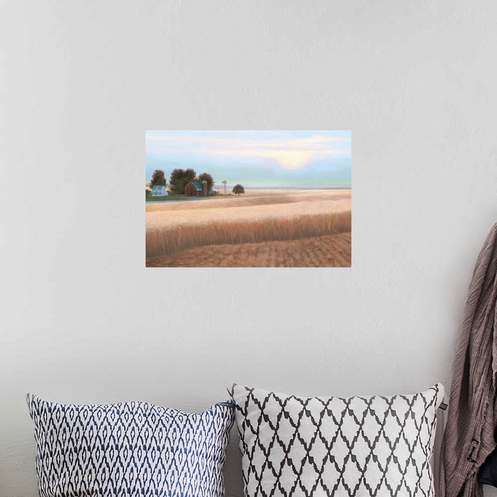 A bohemian room featuring Contemporary artwork of a crop field with a farmhouse and barn in the background.
