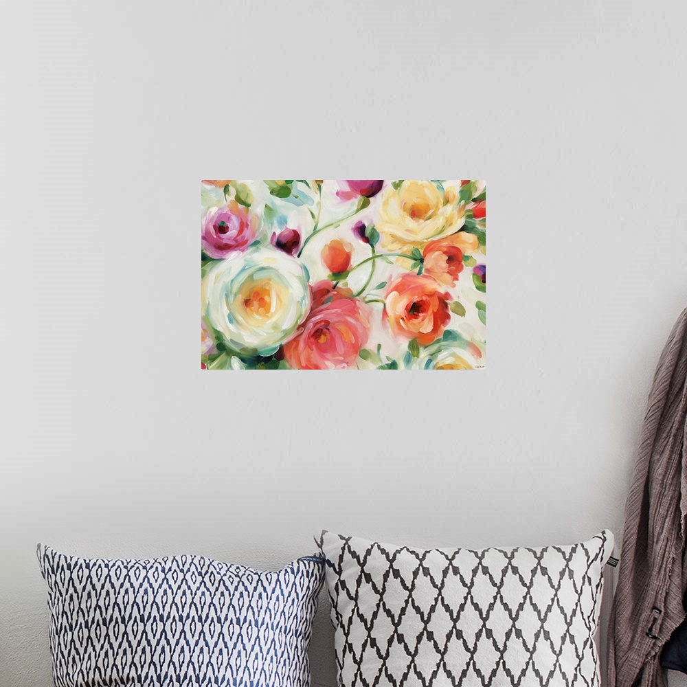 A bohemian room featuring Horizontal contemporary painting of large flower blooms in bold brush strokes.