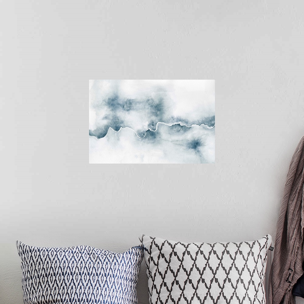 A bohemian room featuring Indigo and white abstract watercolor painting with a faded background and a white bumpy line movi...