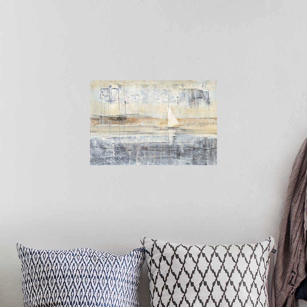 A bohemian room featuring A horizontal abstract painting of a sailboat in water in neutral textured tones and black line ac...