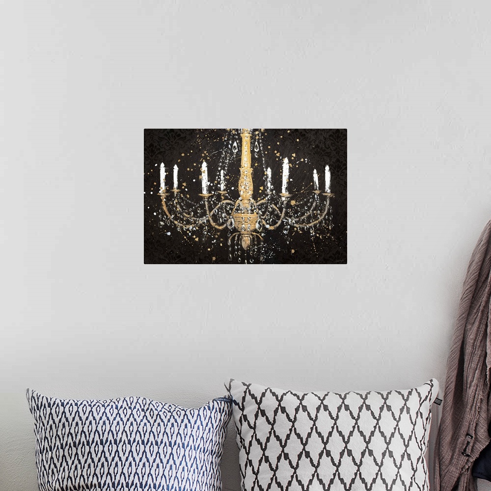 A bohemian room featuring Contemporary artwork of a chandelier on black with jewels and tall candles.