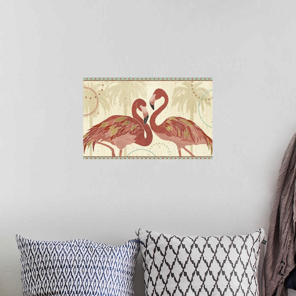 A bohemian room featuring Contemporary artwork of two flamingos in dark pink, tones with gilded feathers against a tropical...