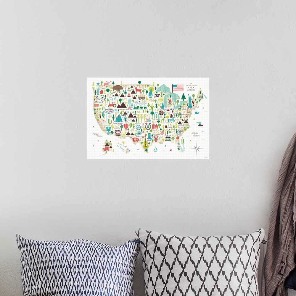 A bohemian room featuring Contemporary illustration of an art map of USA.