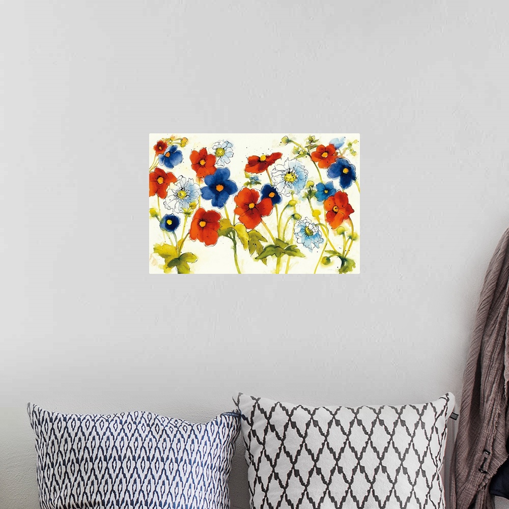 A bohemian room featuring Large watercolor painting with red-orange, blue, and white flowers on a white background with a l...