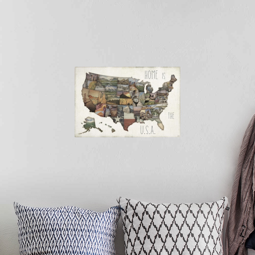 A bohemian room featuring A map of the United States with each state made of a photograph.