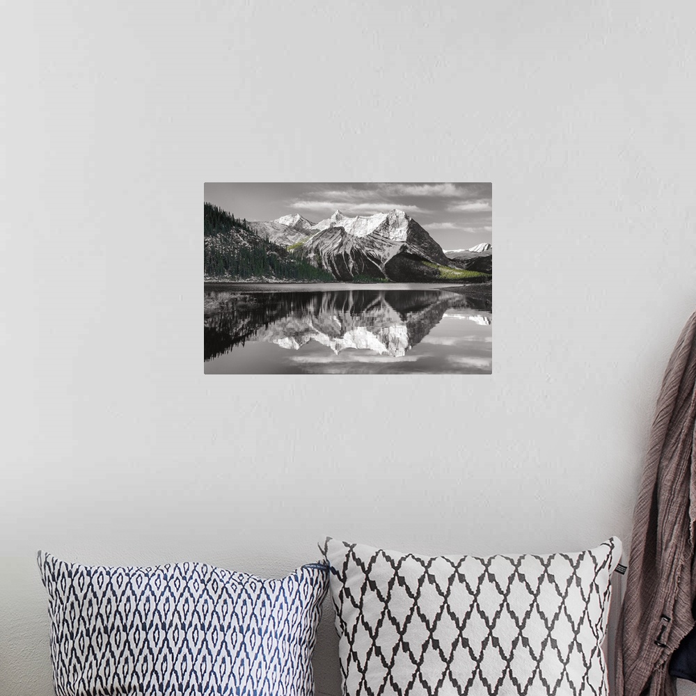 A bohemian room featuring Photograph of a sunrise at Emerald Lake, Yoho National Park British Columbia in black and white w...