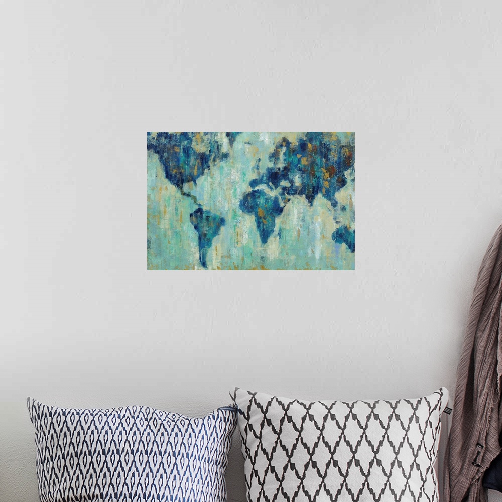 A bohemian room featuring A contemporary painting of a world map in a blue tones against a pale teal background.
