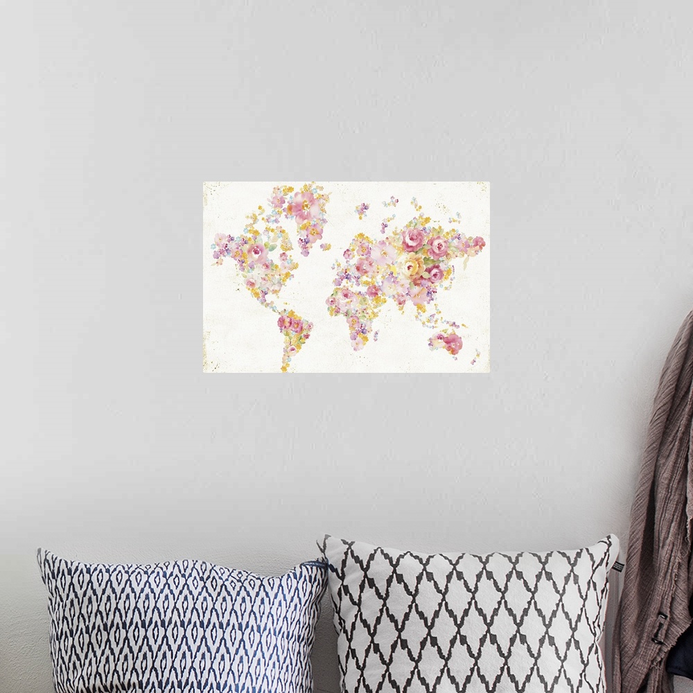 A bohemian room featuring Map of the world with the continents made up of pastel pink and yellow flowers.
