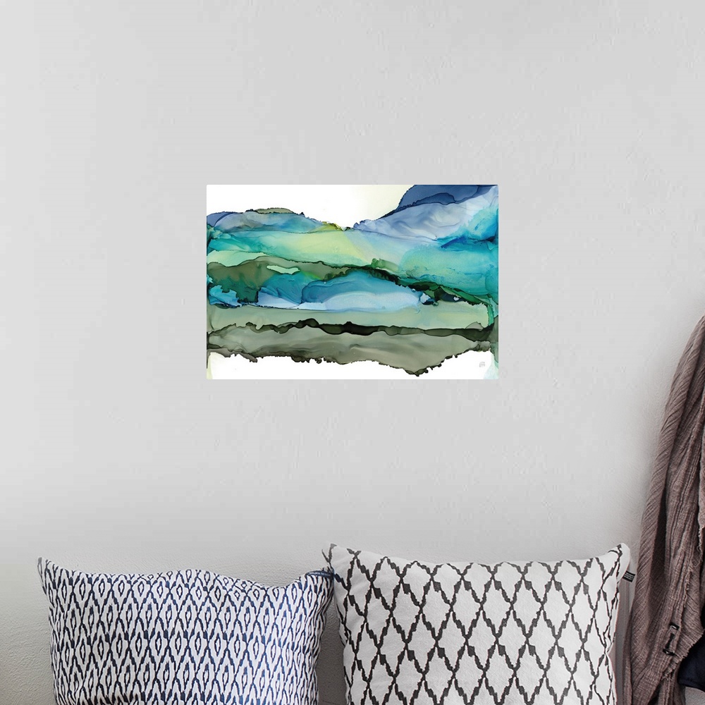 A bohemian room featuring A contemporary abstract in alcohol inks resembling rolling blue green hills on a white background