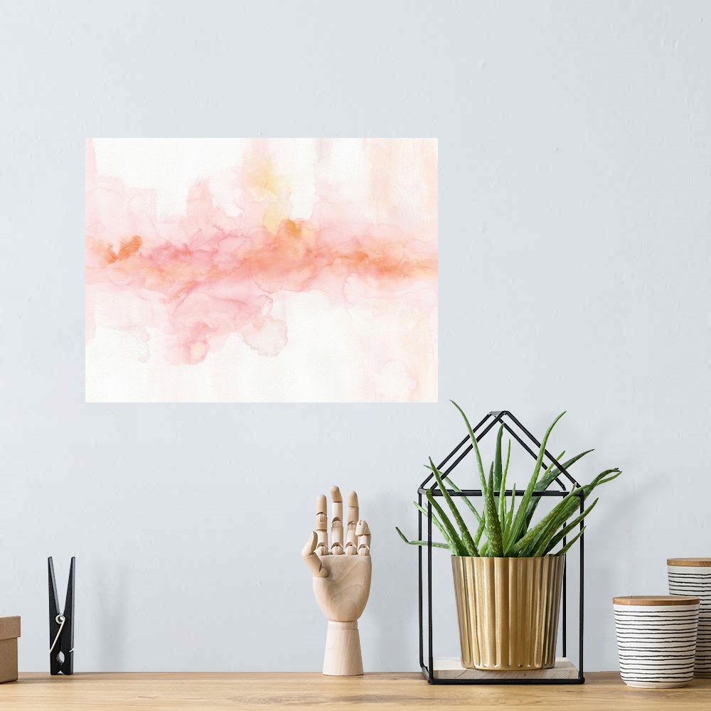 A bohemian room featuring Soft abstract painting in pink, yellow, and orange hues.