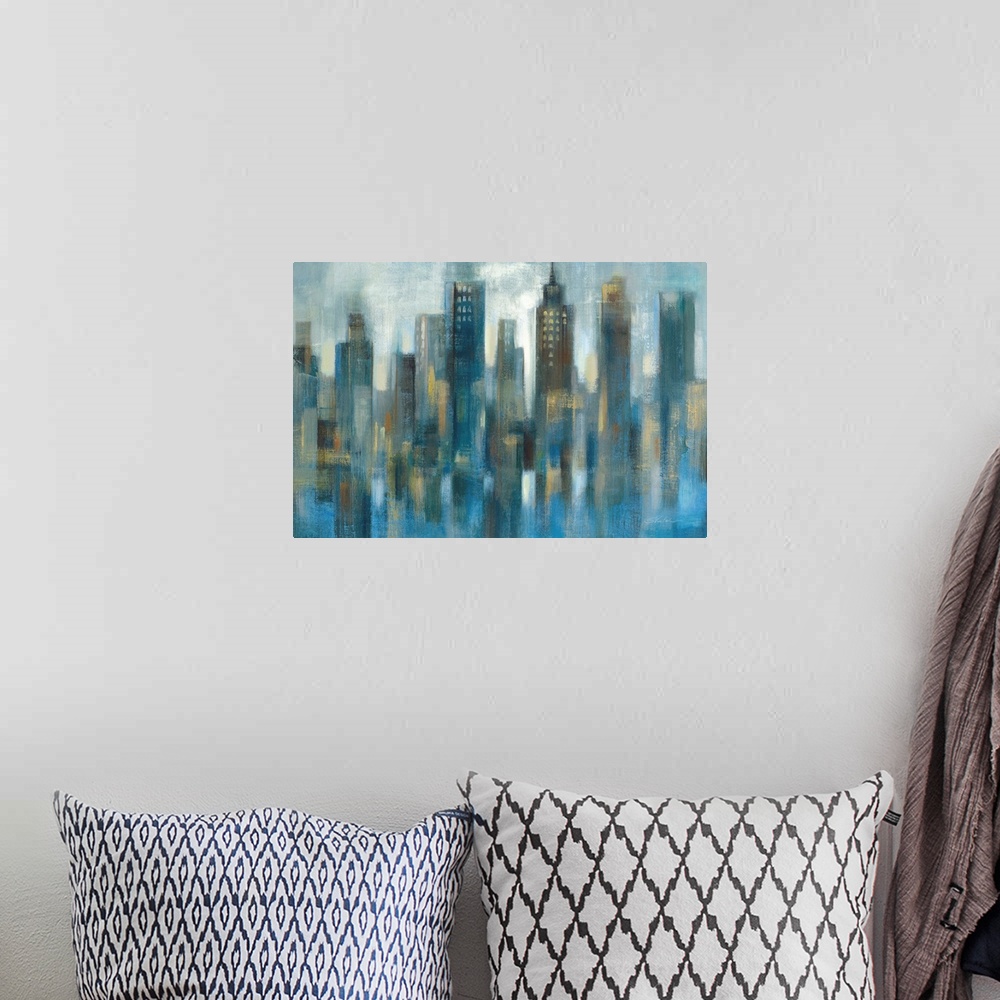 A bohemian room featuring Large abstract painting of a cool toned city skyline with tall buildings at night.