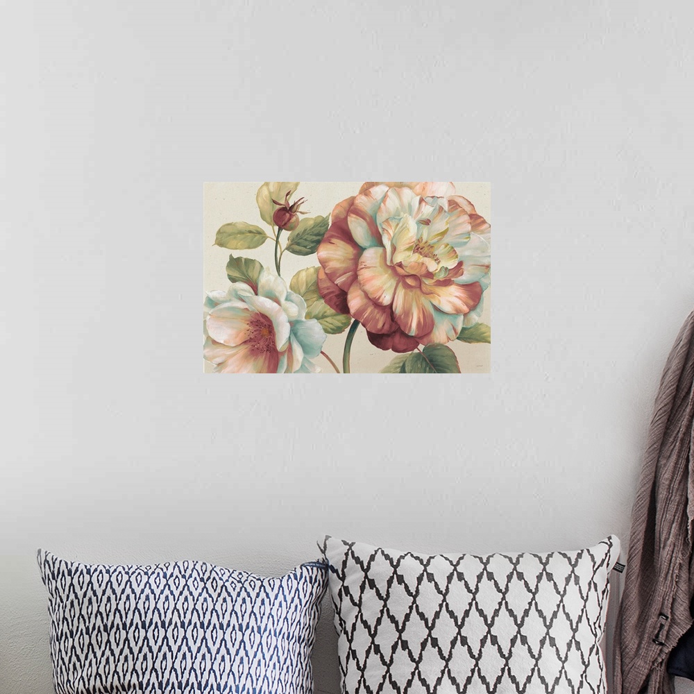 A bohemian room featuring Contemporary painting of large flowers on an off-white background.