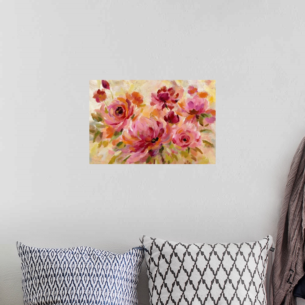 A bohemian room featuring Abstract painting of a bouquet of warm pink flowers with hints of orange.