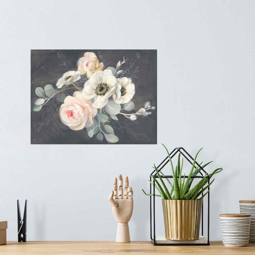 A bohemian room featuring A decorative artwork of a group of Roses and Anemones on a gray background.
