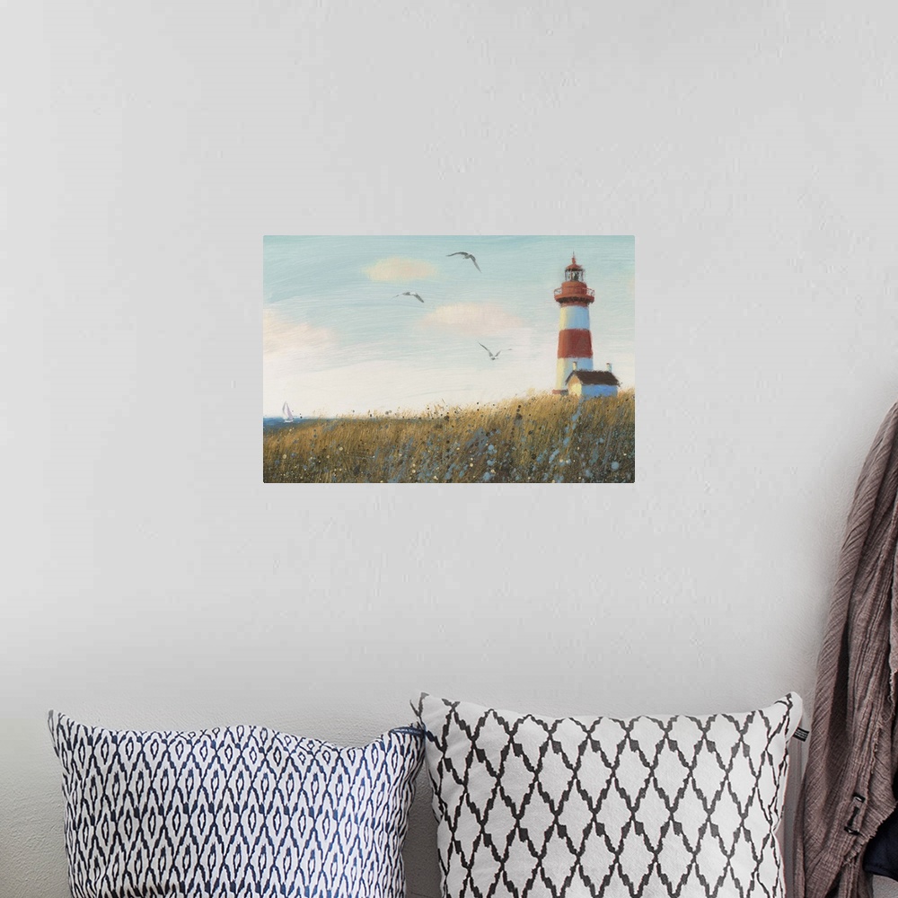 A bohemian room featuring Contemporary painting of a lighthouse overlooking the ocean with three seagulls flying by.