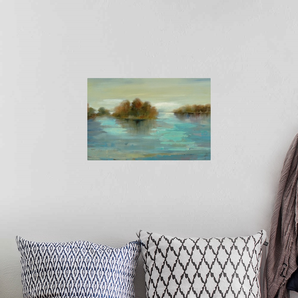 A bohemian room featuring Contemporary art piece of a river with a few small tree islands.