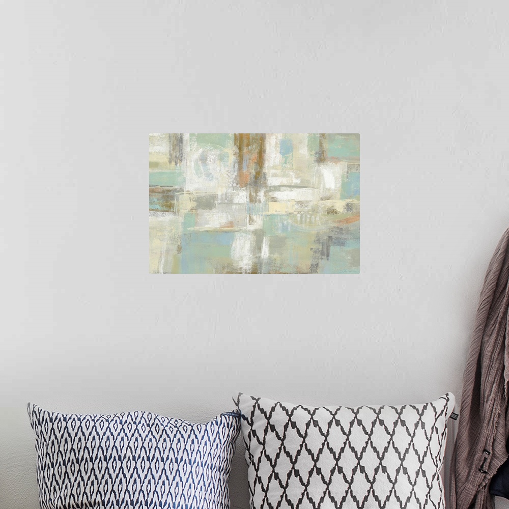 A bohemian room featuring Abstract artwork featuring rectangular shapes in cool colors with a distressed textures.