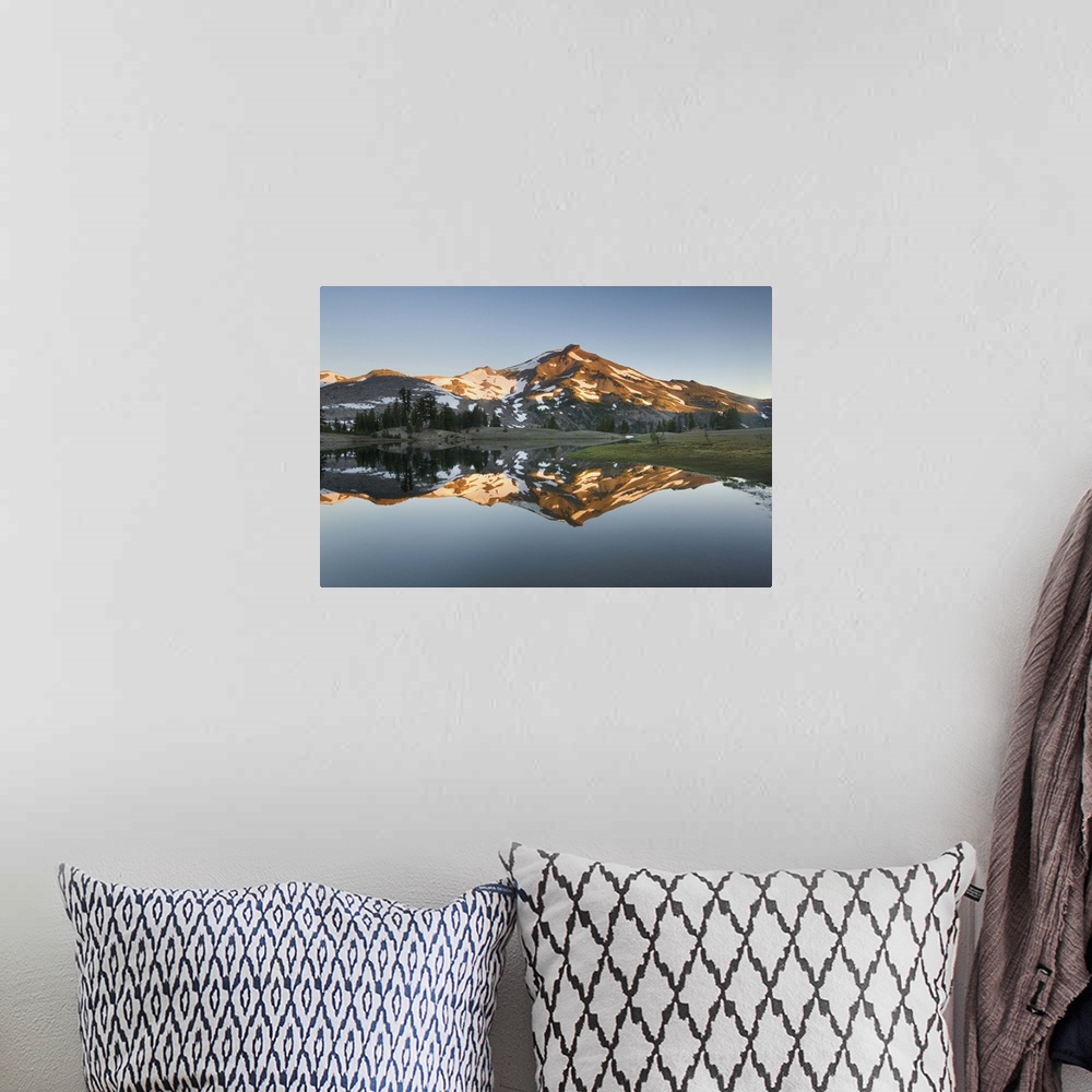 A bohemian room featuring Photograph of the sunrise on South Sister from Lower Green Lake, Three Sisters Wilderness, Oregon