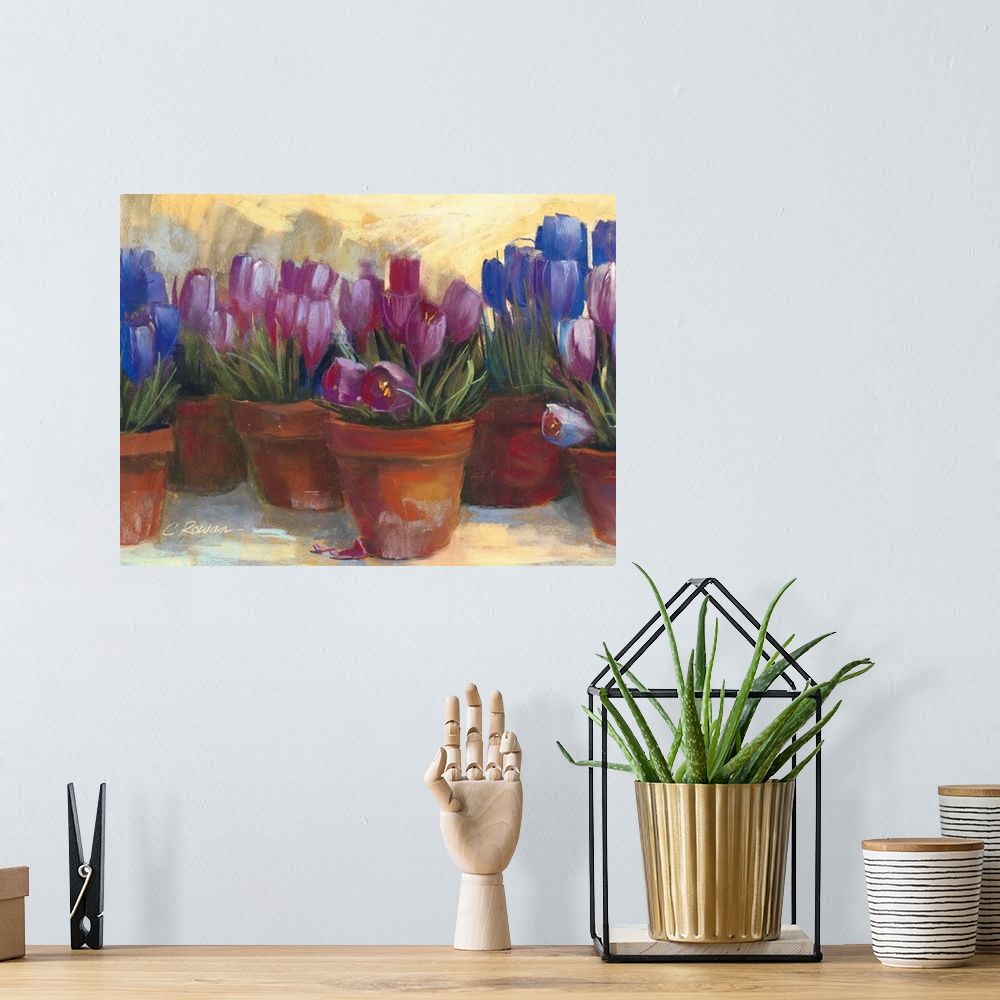 A bohemian room featuring Contemporary painting of potted flowers.
