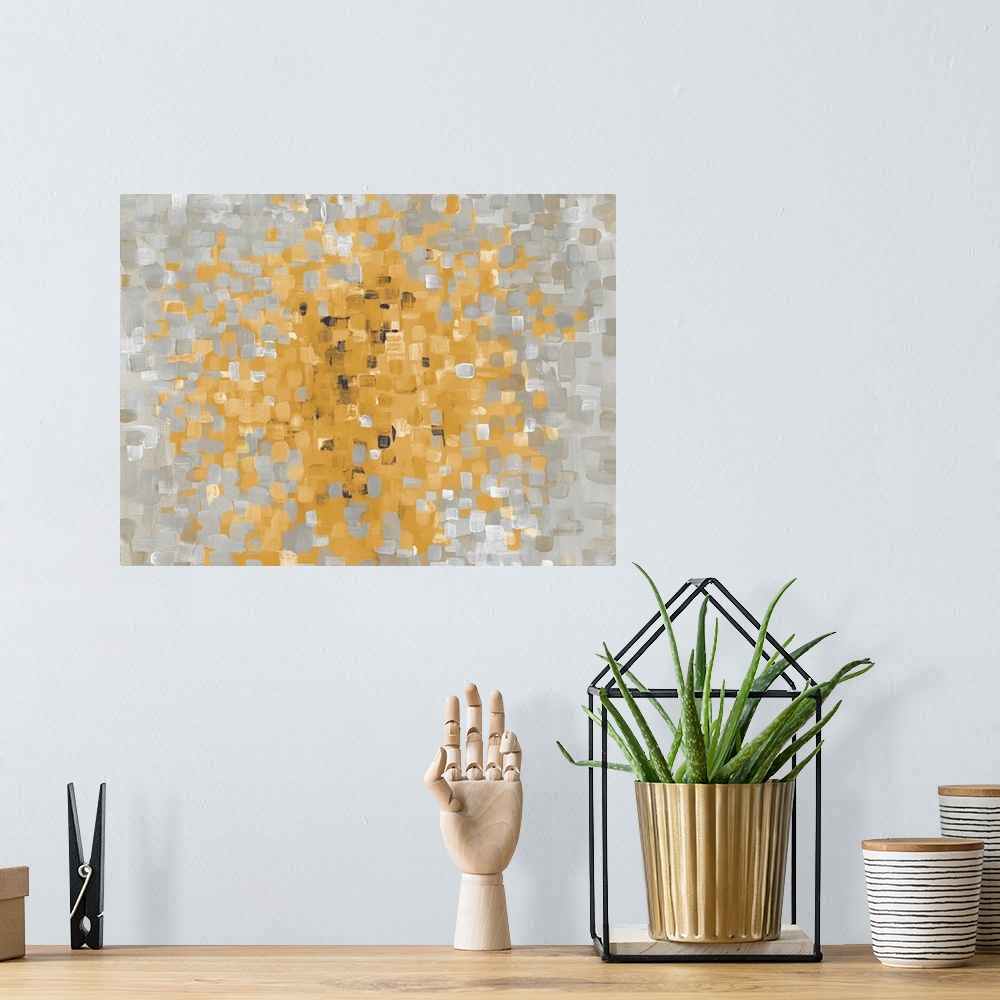 A bohemian room featuring Contemporary abstract artwork made up of short brush strokes of gray and yellow.