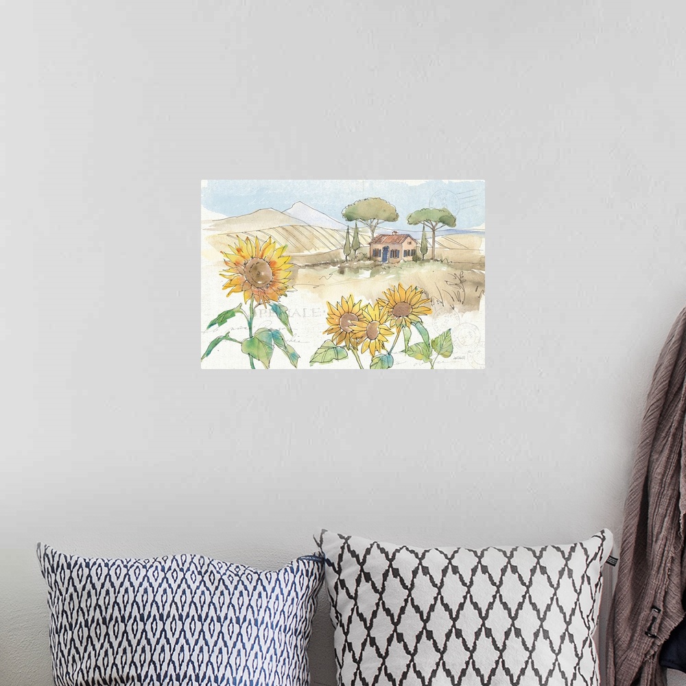 A bohemian room featuring Watercolor painting of a Tuscan landscape with sunflowers in the foreground and a cottage with ro...