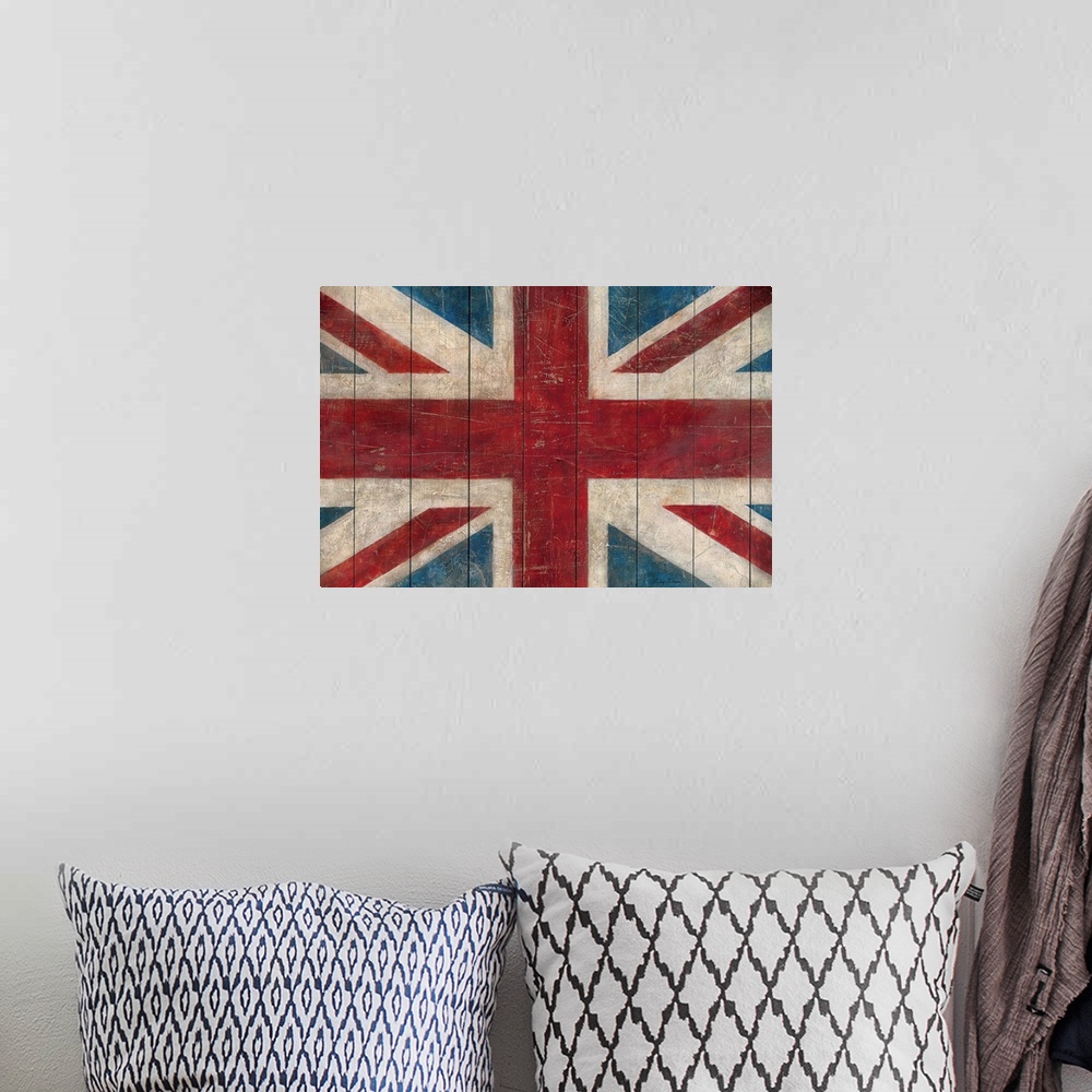 A bohemian room featuring Decorative wall art of the national flag of the United Kingdom painted on wood panels that have a...