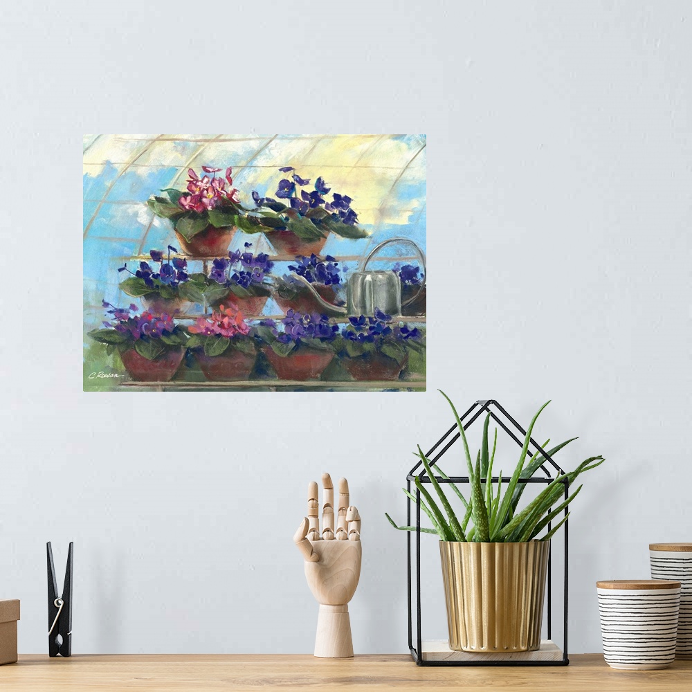 A bohemian room featuring Contemporary painting of potted flowers in a greenhouse.