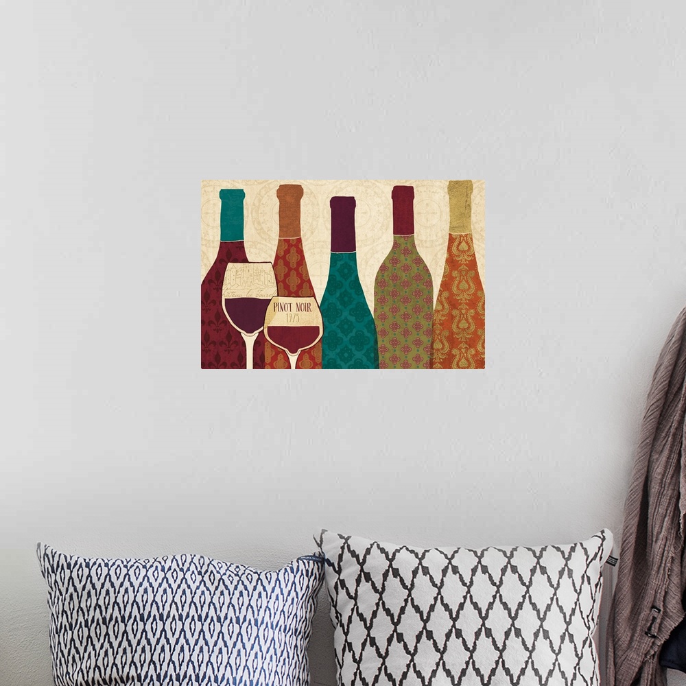 A bohemian room featuring Wine Collage I with Glassware