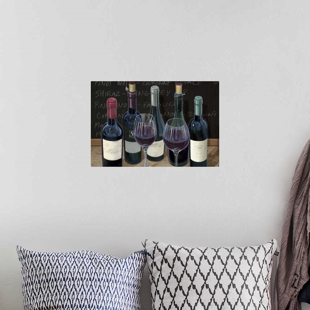 A bohemian room featuring Contemporary artwork of bottles and glasses of wine lined up together.