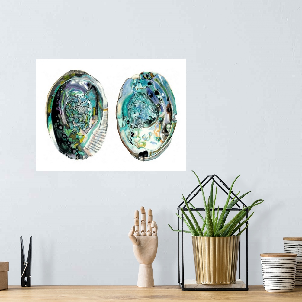 A bohemian room featuring Contemporary artwork of two detailed abalone shell halves.