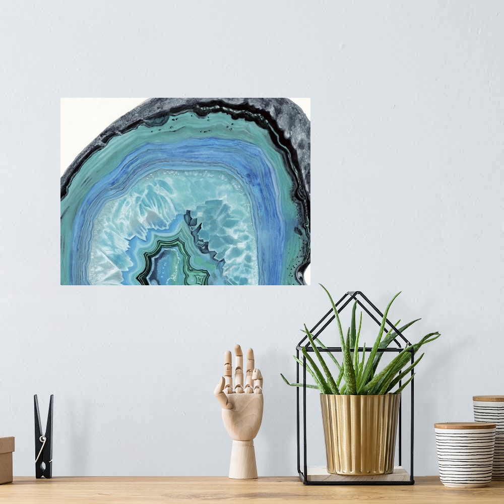 A bohemian room featuring Contemporary painting of a cross section of mineral agate in bright blue.