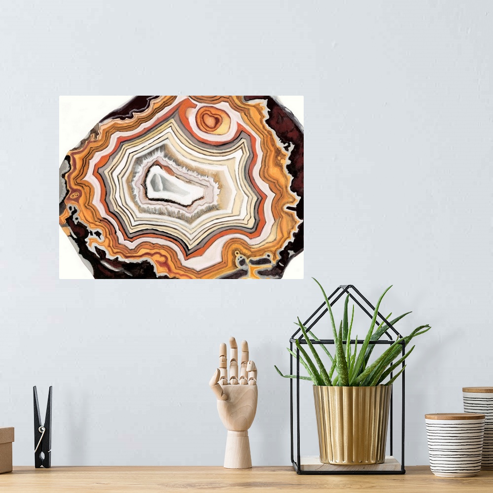 A bohemian room featuring Contemporary painting of a cross section of mineral agate in bright orange.