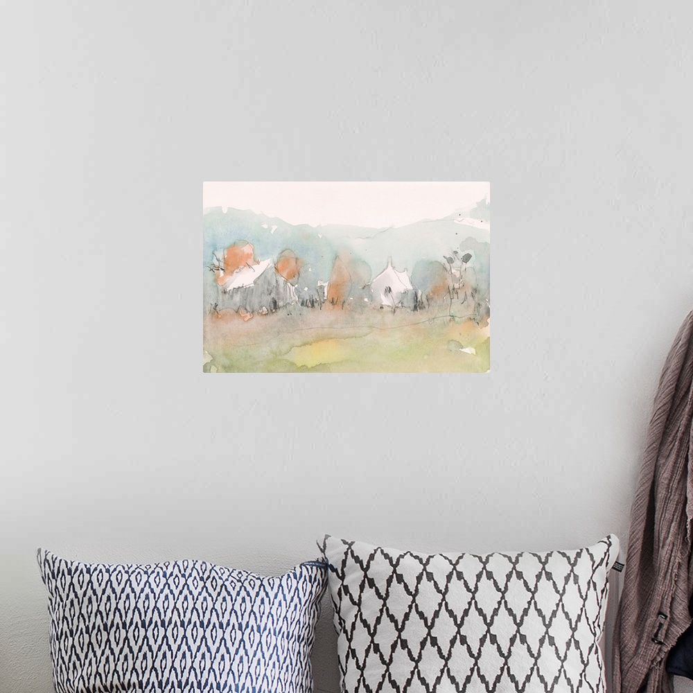 A bohemian room featuring An abstracted watercolor painting of farm buildings with trees and foliage in the foreground