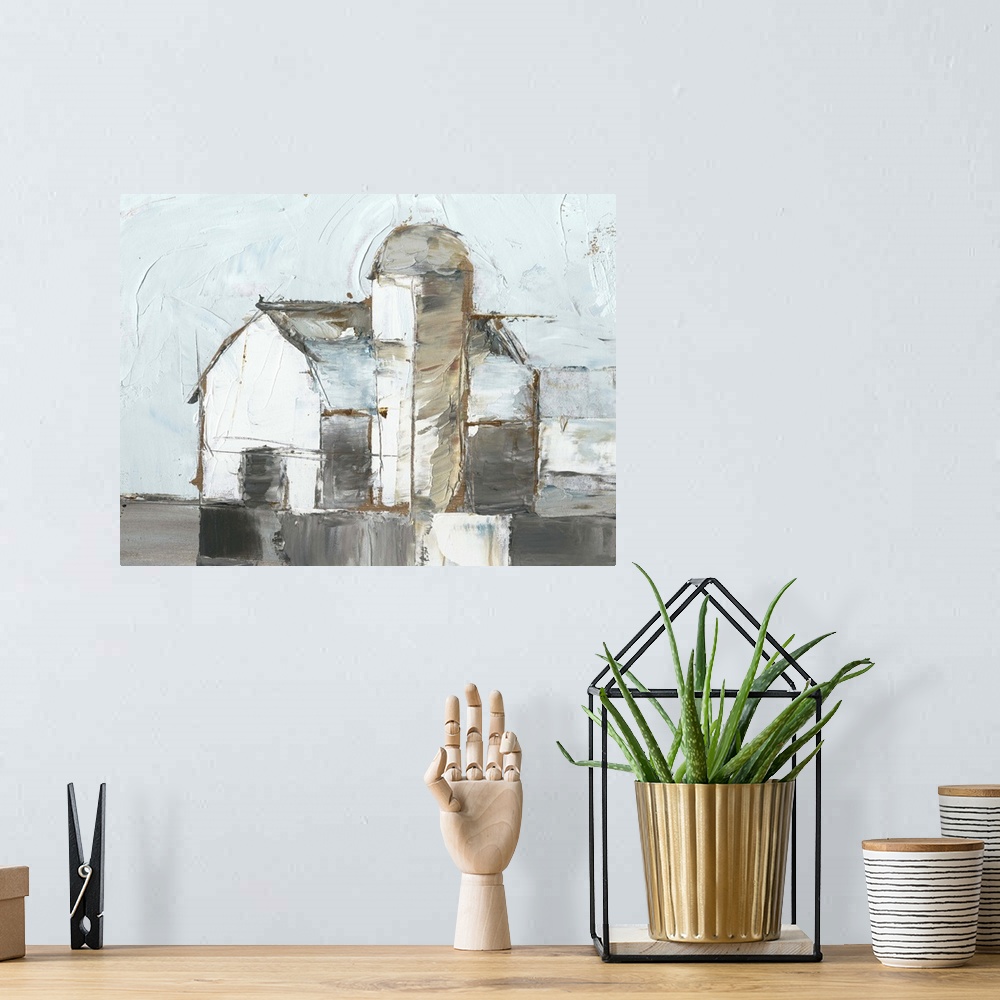 A bohemian room featuring Painting of a white barn and silo with pale blue and grey.