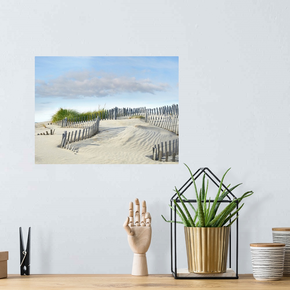 A bohemian room featuring Photograph with leading lines following the wooden fence on the sand dunes at the beach.