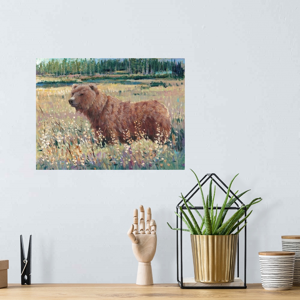 A bohemian room featuring Contemporary art print of a brown bear standing in a field of wildflowers.