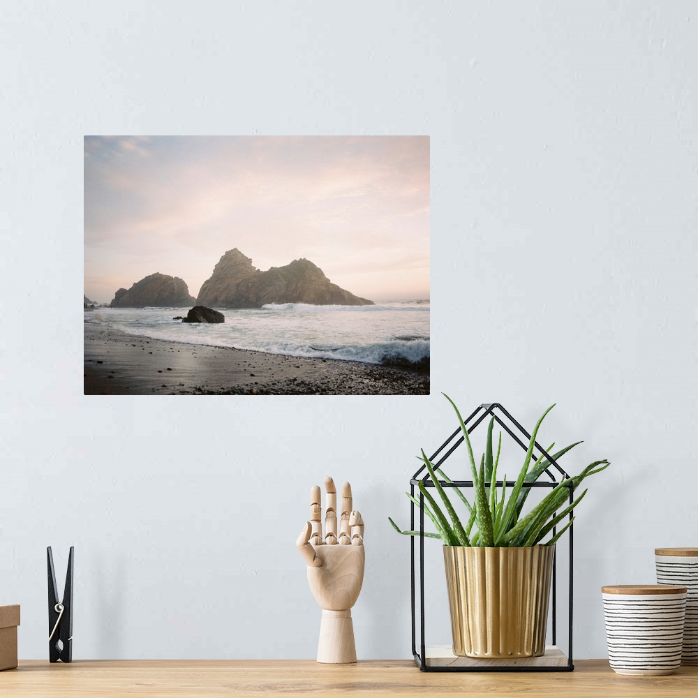 A bohemian room featuring Photograph of a rocky beach at sunrise, Big Sur, California.