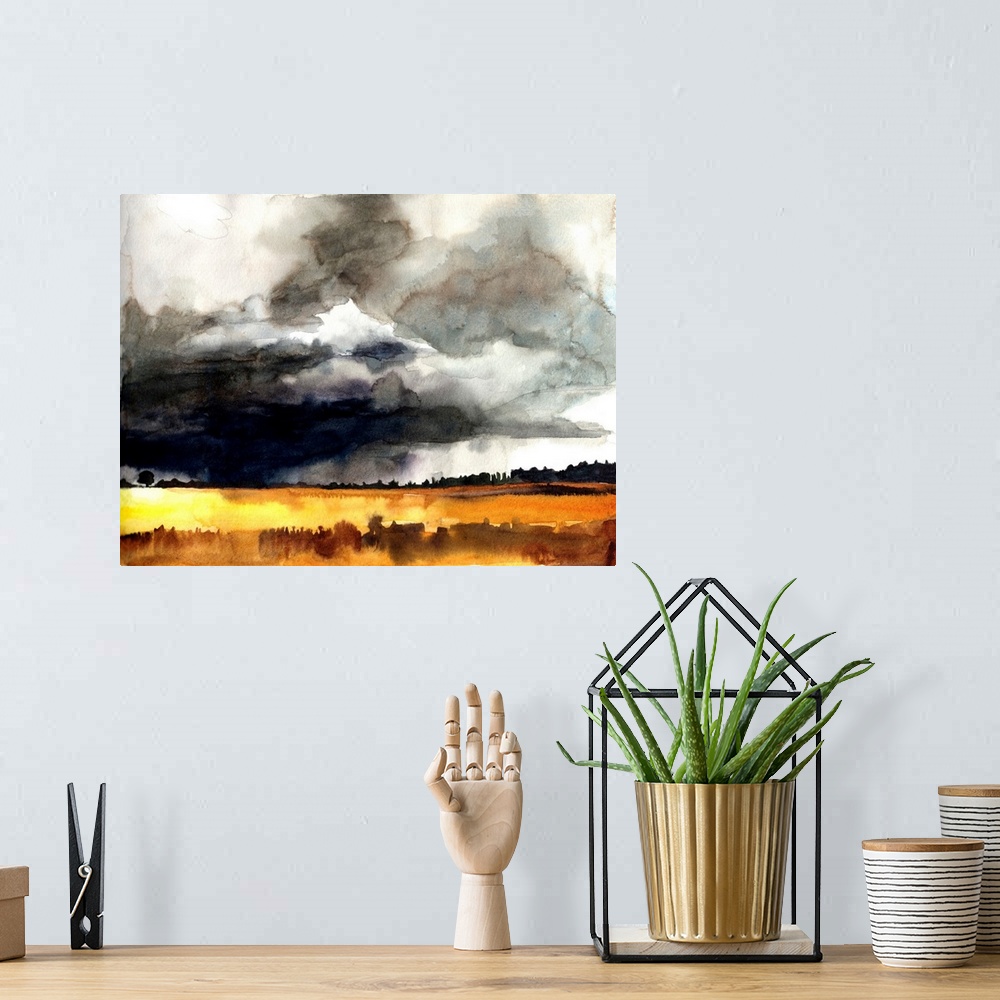 A bohemian room featuring A bold contemporary watercolor painting of dark storm clouds over a landscape of golden fields. T...