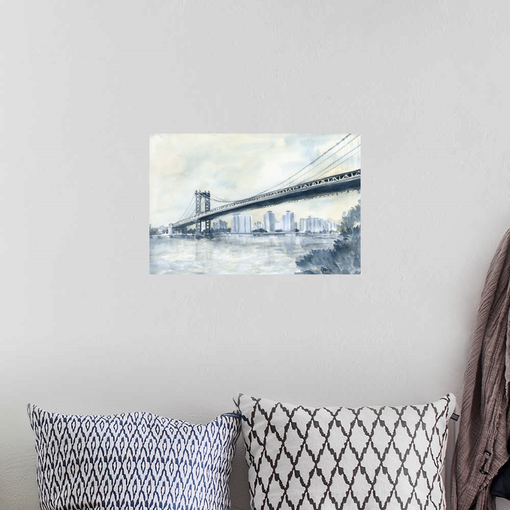 A bohemian room featuring Contemporary watercolor painting of an urban bridge spanning a river, with a city skyline in the ...
