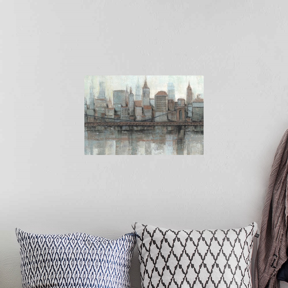 A bohemian room featuring Contemporary painting of a city skyline in dark gray and red colors.
